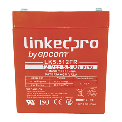 [LK5.512FR] Batería de respaldo 12 V |  5.5 Ah |  AGM  | Certificada UL94-V0 Retardante a la Flama  | Especial para Seguridad Electrónica | UPS | Sistemas de Emergencia | Vida útil 5 años | Terminales F1  + Adaptador F2