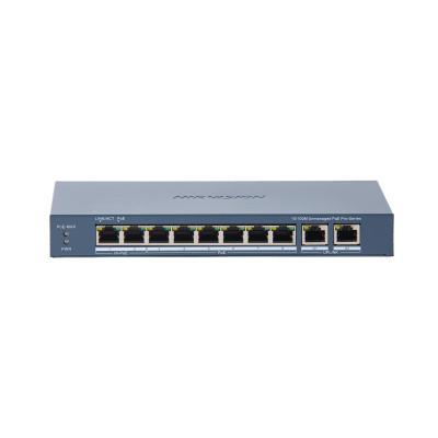 [DS-3E0310HP-E(C)] Switch PoE+ / No Administrable / 7 Puertos 10/100 Mbps 802.3 af/at (30 W) / 1 Puerto 10/100 Mbps Hi-PoE (90 W)  / 2 Puertos 1000 Mbps Uplink / Modo Extendido hasta 300 Metros / 110 Watts