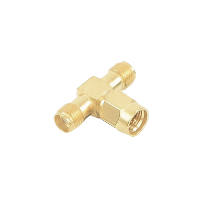 [RSA-3400-1] Adaptador en T, de Conector SMA Macho a Doble SMA Hembras, Oro/ Oro/ Teflón.