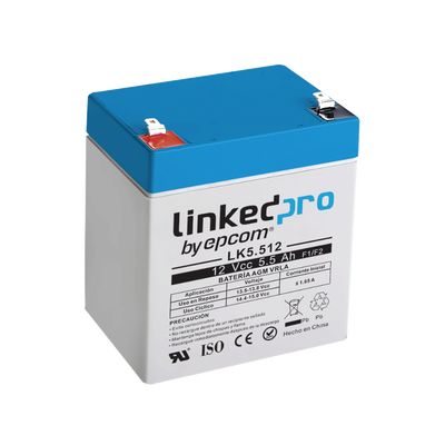 [LK5.512] Batería de respaldo 12 V  |  5.5 Ah  |  AGM | Especial para Seguridad Electrónica | UPS | Sistemas de Emergencia  | Vida útil 5 años | Terminales F1  + Adaptador F2