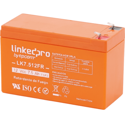 [LK7.512FR] Batería de respaldo 12 V | 7.5 Ah |  AGM | Certificada UL94-V0 Retardante a la Flama  | Especial para Seguridad Electrónica | UPS  | Sistemas de Emergencia  | Vida útil 5 años | Terminales F1  + Adaptador F2 
