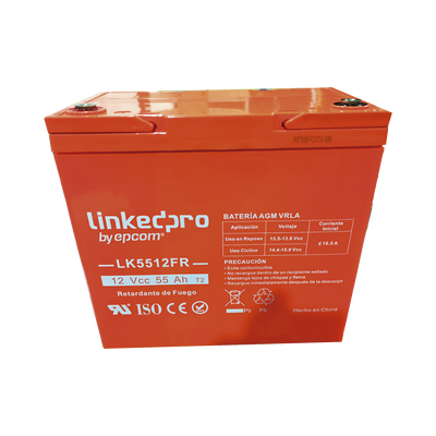 [LK5512FR] Batería de respaldo  12 V | 55 Ah | AGM | Certificada UL94-V0 Retardante a la Flama | Especial para Seguridad Electrónica | UPS  | Sistemas de emergencia | Vida útil 5 años | Terminales T2 
